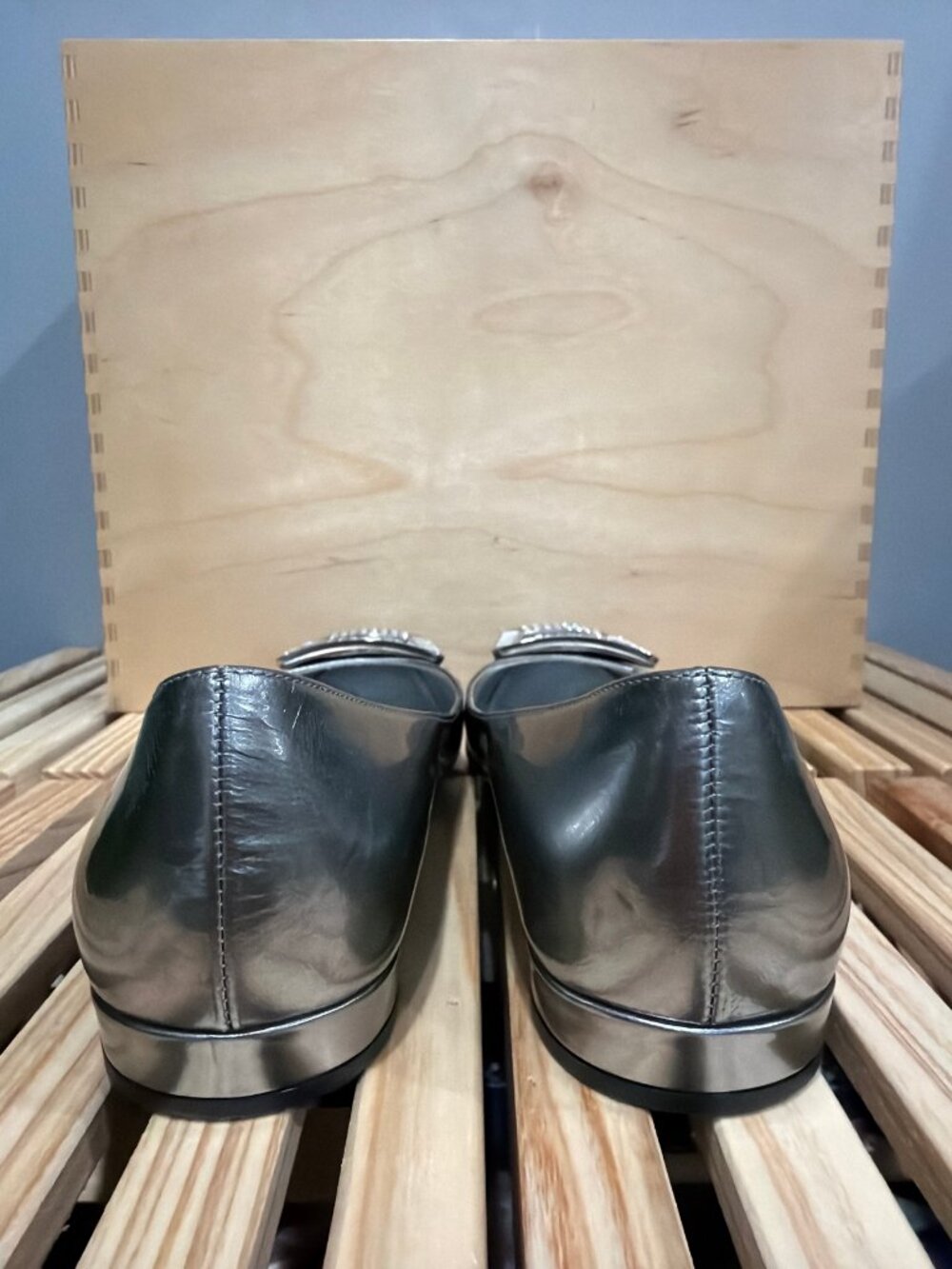 Prada Silver Metallic Ballet Flats – Crystal Buckle Size 37
